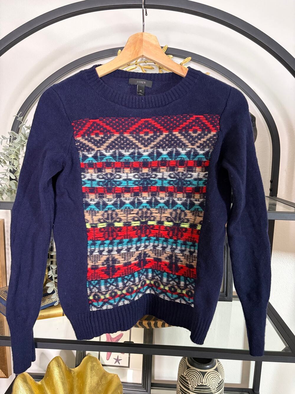 J Crew Womens XS Fair Isle Sweater 100% Wool Navy Multicolor Holiday